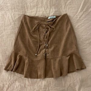 Brown Tie Front Suede Mini Skirt